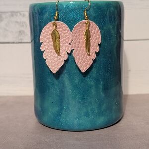 Pink Leaf Earrings with Gold Feather Accent